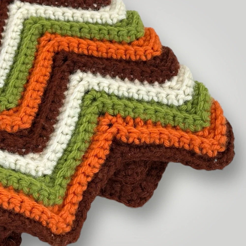 Vintage Zig Zag Chevron Crochet Throw Blanket Brown Orange Green White 50